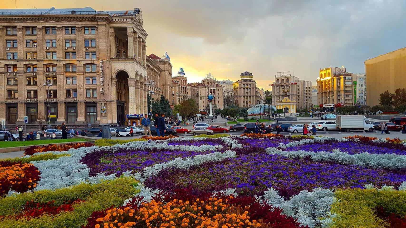 Kyiv - Ukraine center with flower garden