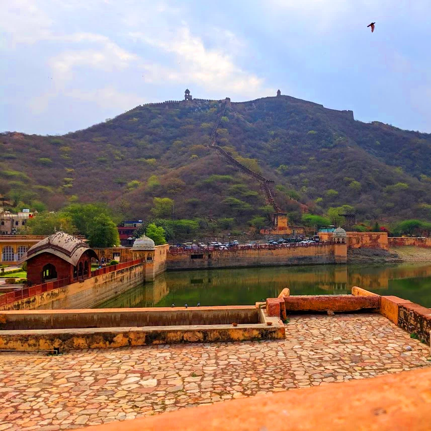 The Amber Fort is a magnificent palace complex located on a hilltop overlooking the city. It is one of the most popular tourist attractions in Jaipur India, Outside view