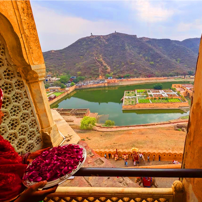 The Amber Fort is a magnificent palace complex located on a hilltop overlooking the city. It is one of the most popular tourist attractions in Jaipur India, flower girl